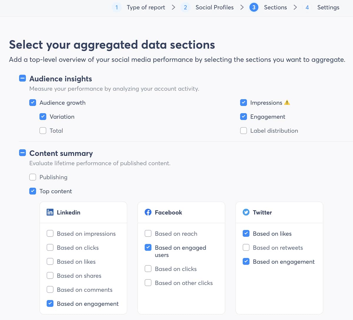 Agorapulse social media reporting tool - Power Reports data selection