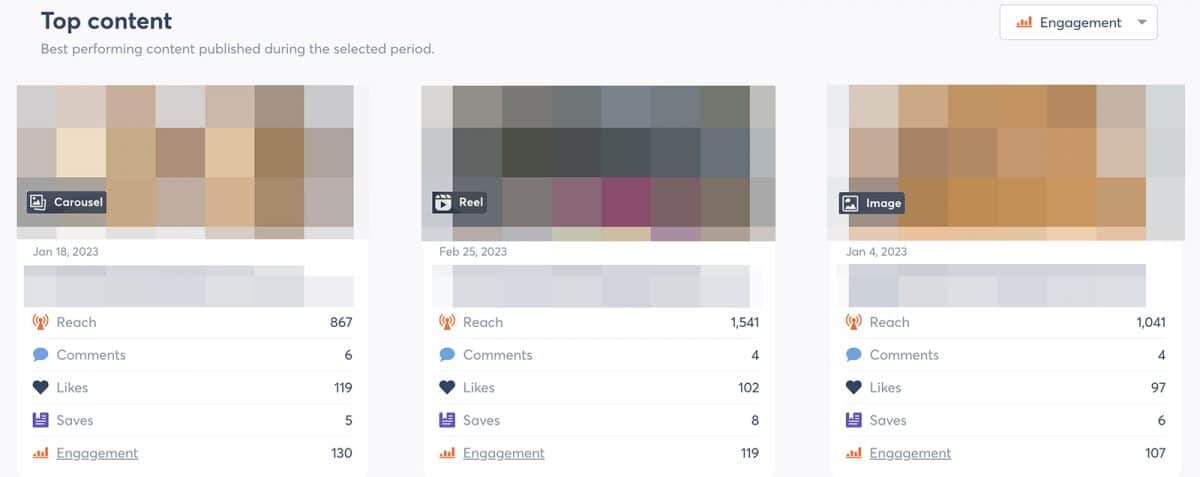 Agorapulse - reporting dashboard - top Instagram content by engagement