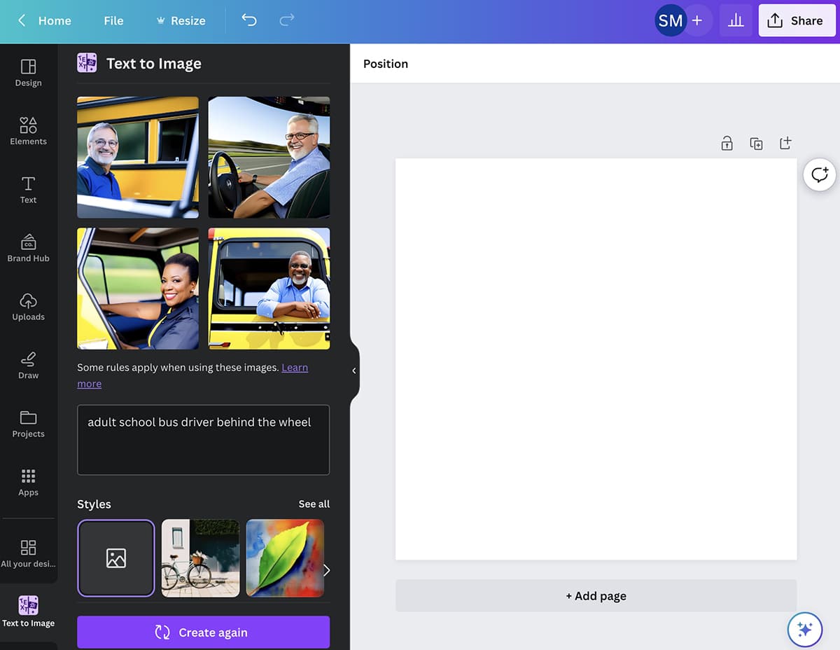 Canva AI - Text-to-Image app - school bus driver example