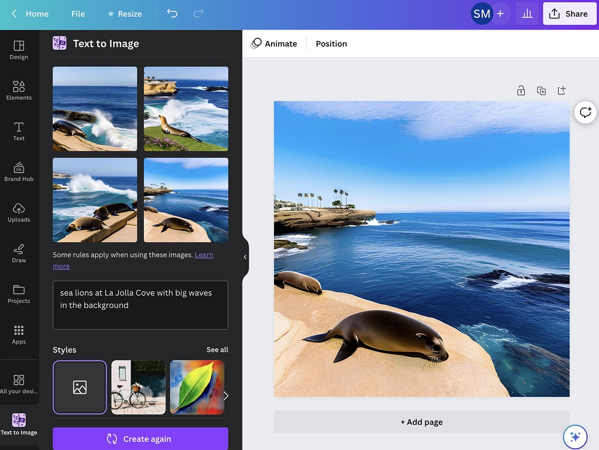 Canva AI - Text-to-Image app - sea lion example
