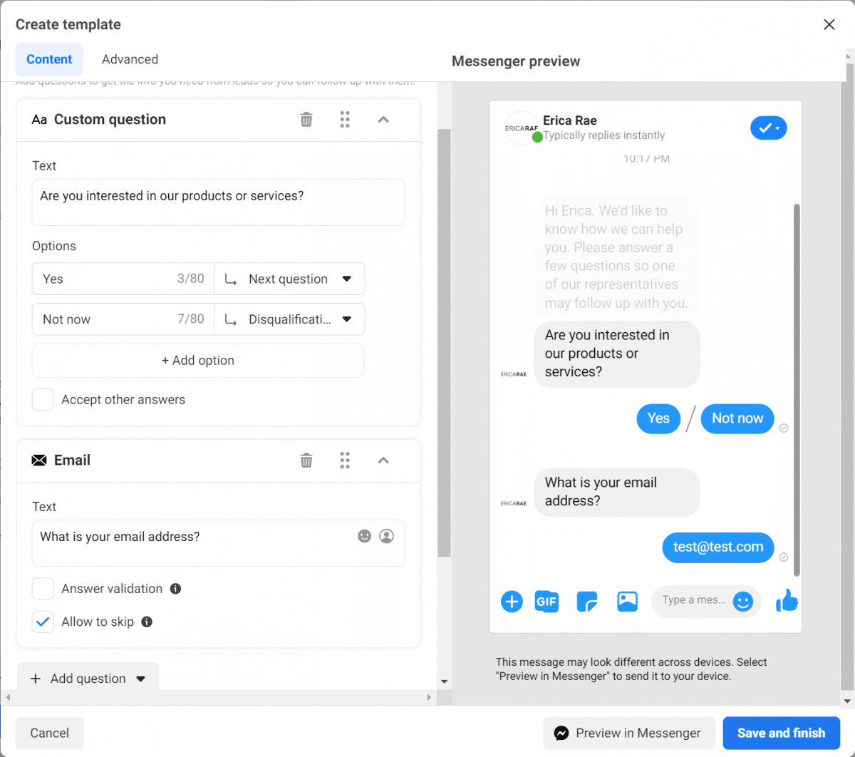 Screenshot of Facebook Messenger Ads Automated Chat Custom Question