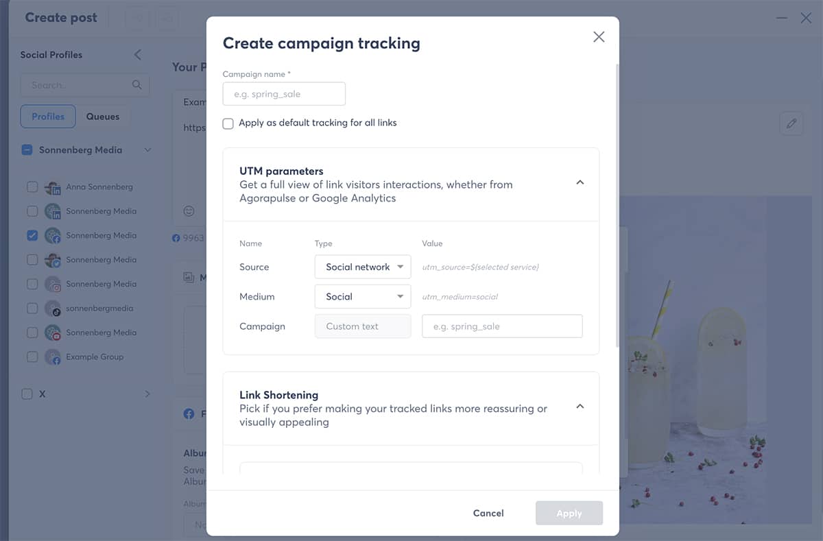 Agorapulse post composer - campaign tracking