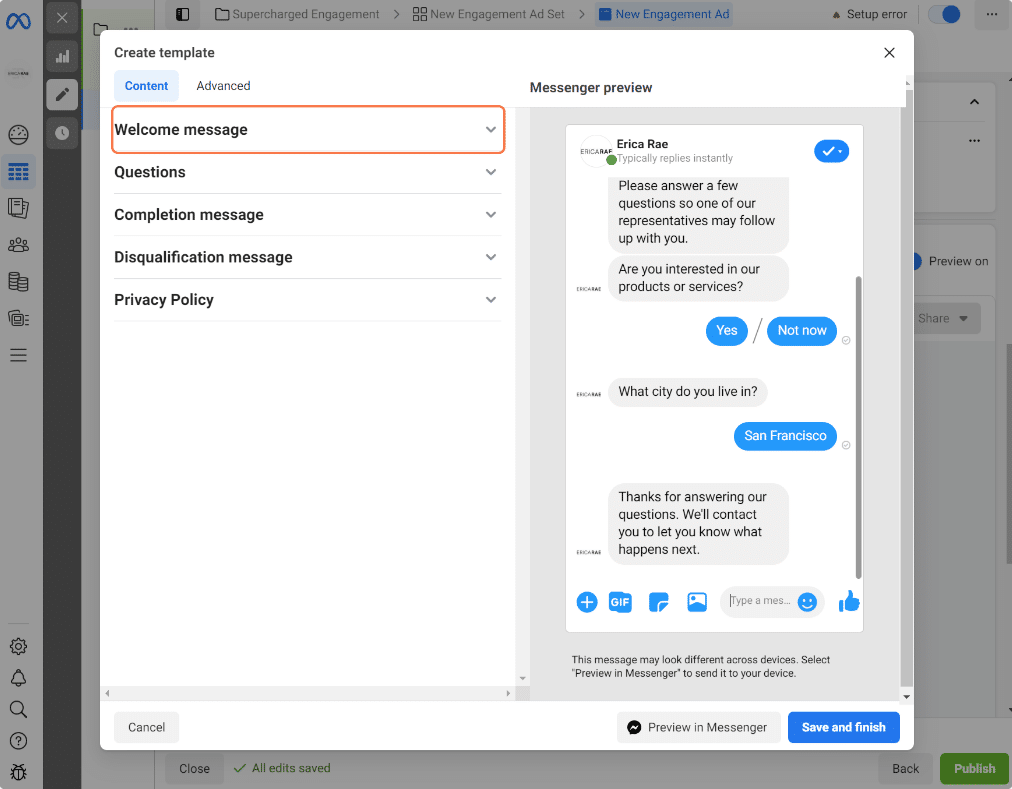 Facebook Ads Automation Welcome Message
