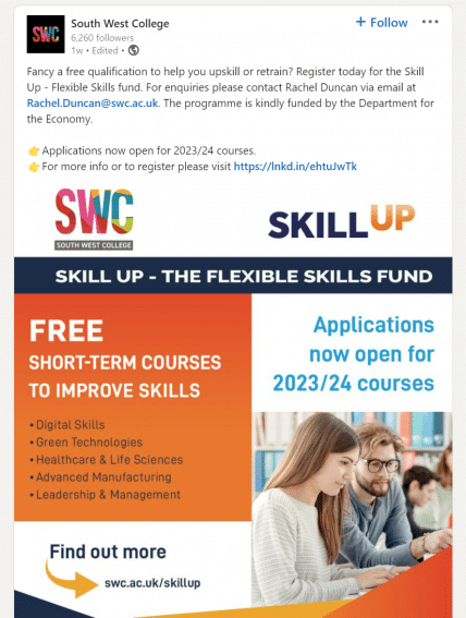 Screenshot of a LinkedIn Post by South West College promoting new courses