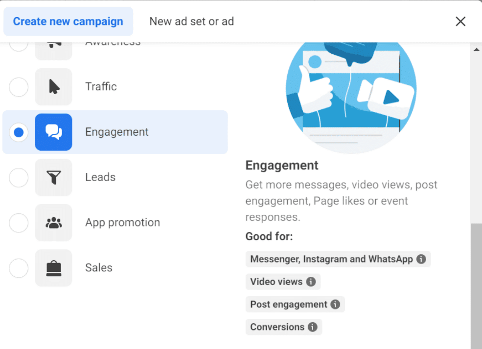 Facebook Messenger ads campaign type engagement screenshot