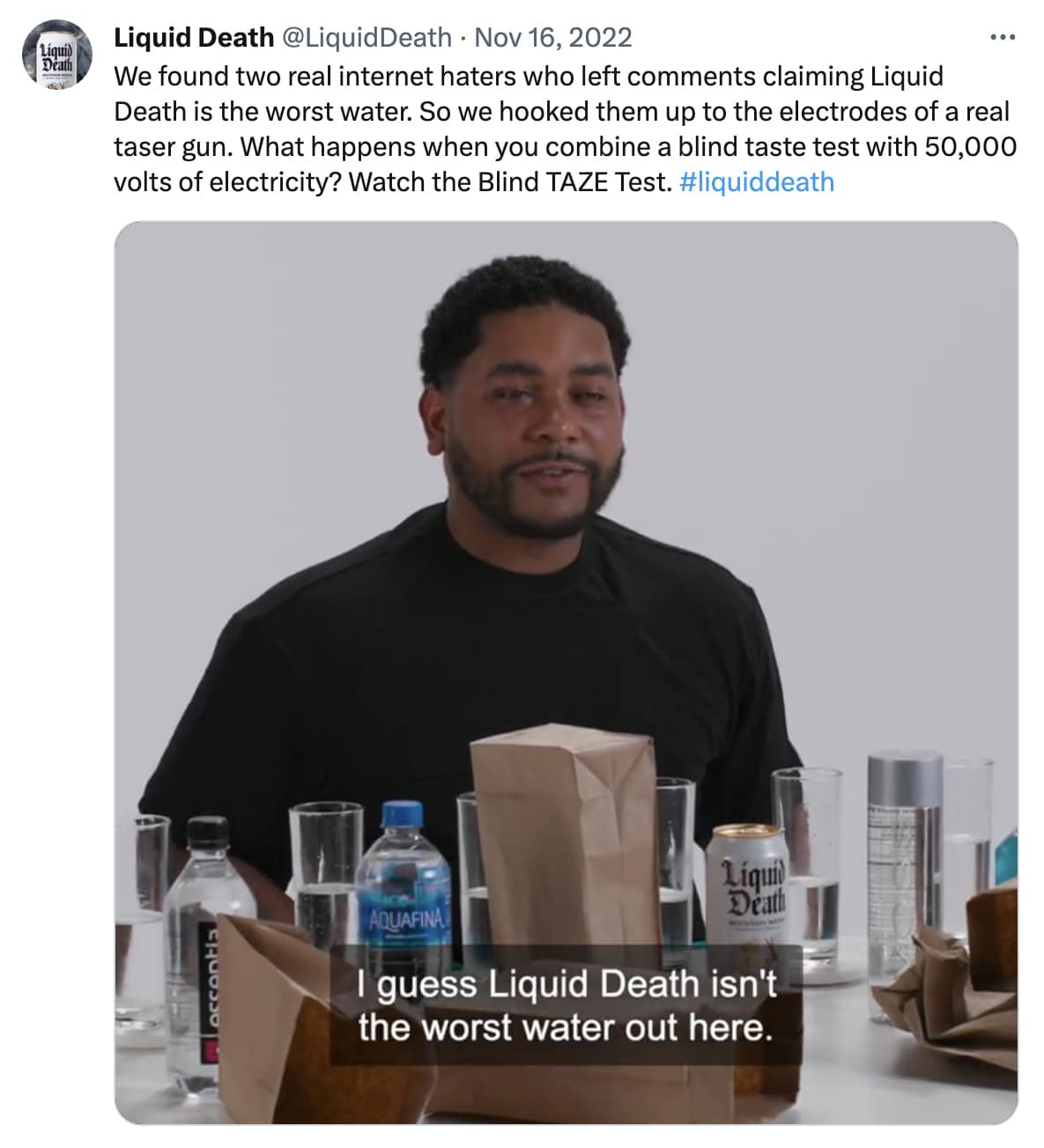 food and beverage marketing example - Liquid Death - Twitter