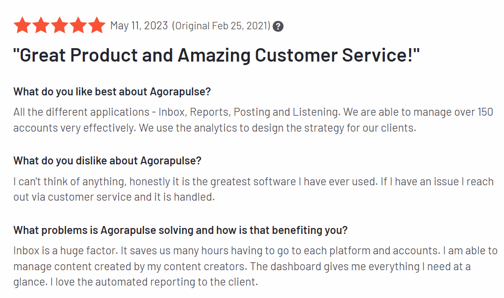 Agorapulse Customer Service is Excellent G2 Review