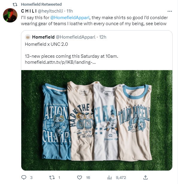 Screenshot of tweets to Homefield Apparel