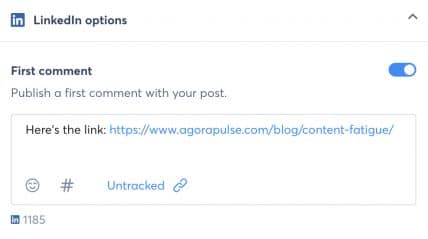 Agorapulse - schedule LinkedIn first comment