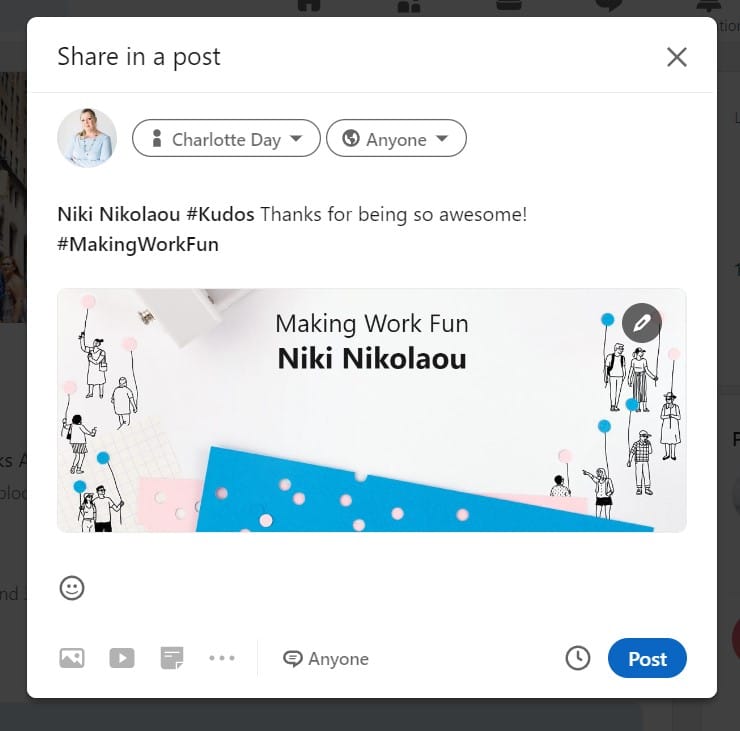 example of how to give kudos on linkedin