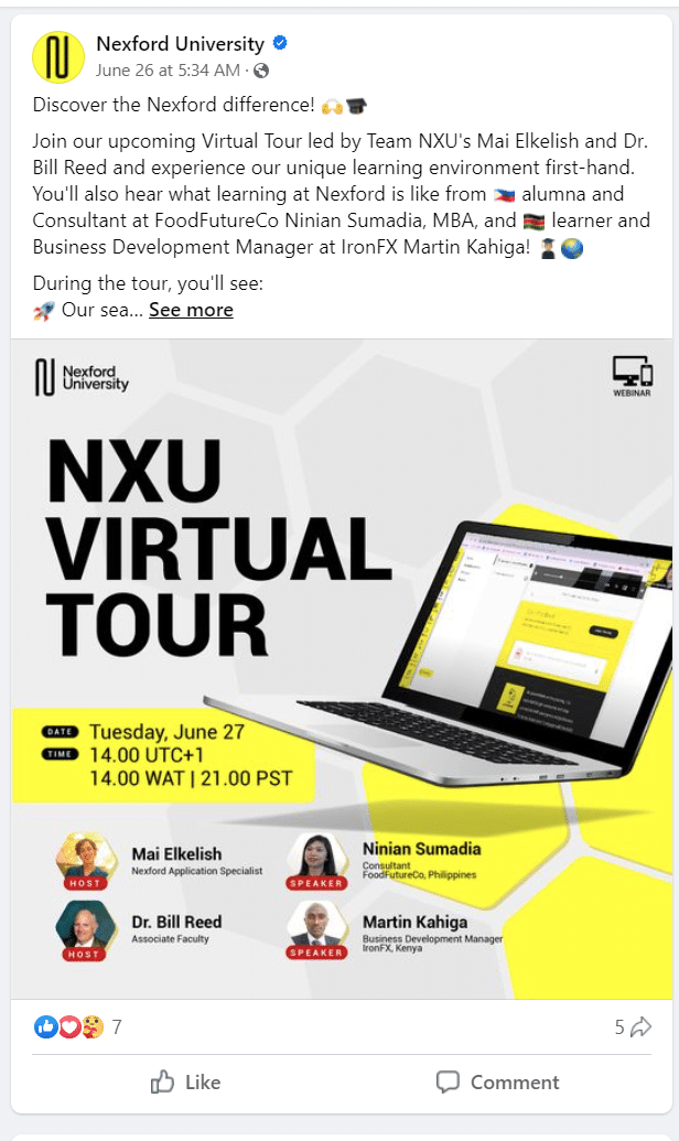 Nexford university virtual tours social post