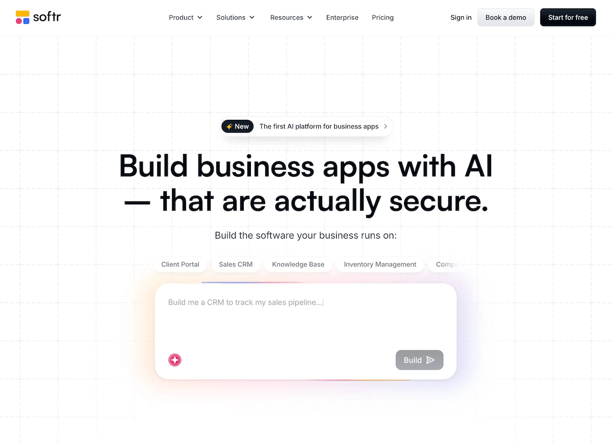 Homepage of Softr, an AI app builder for creating real business software without code