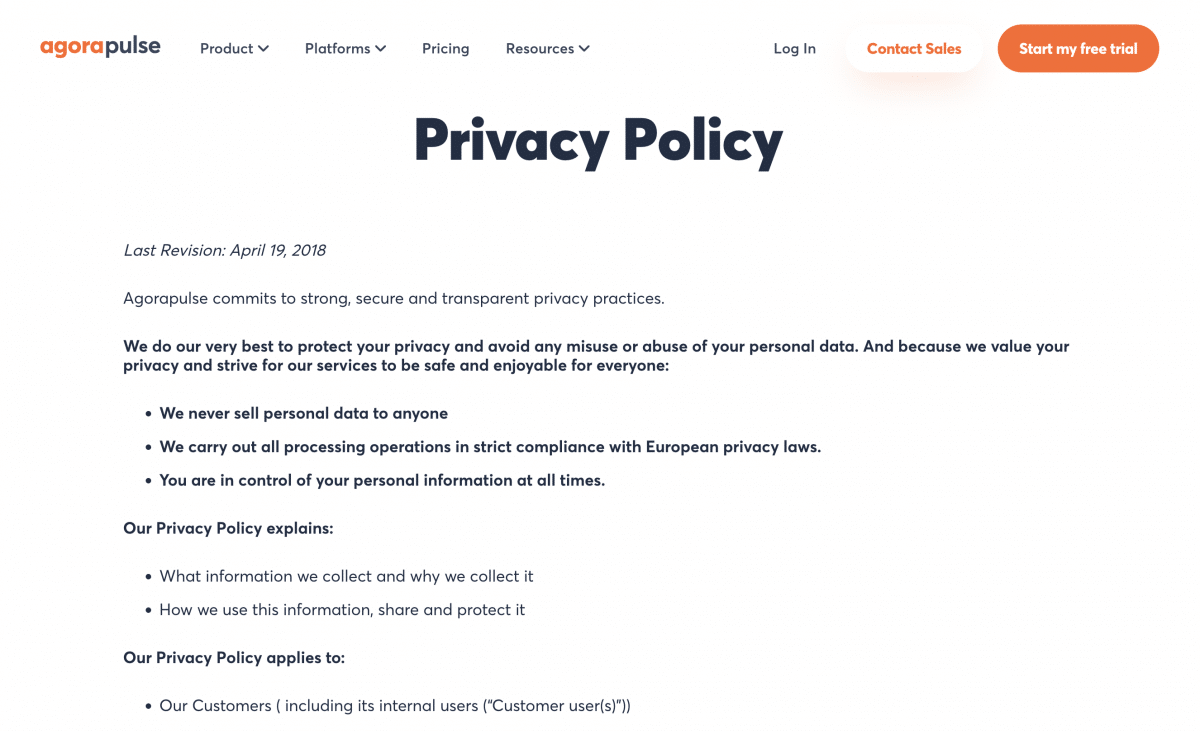 Screenshot of Agorapulse Privacy Policy page 