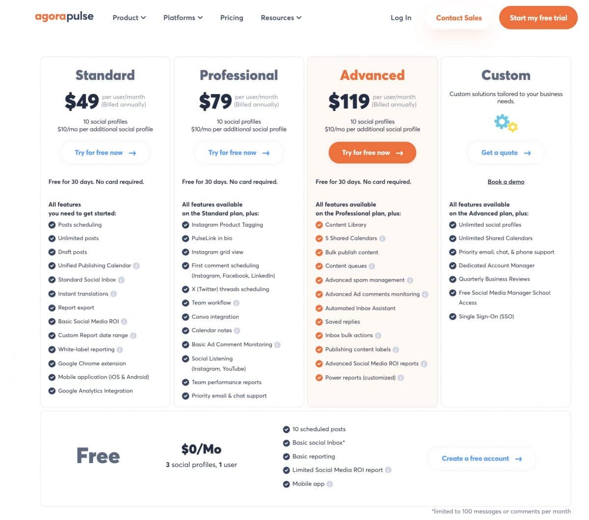 Agorapulse pricing and plans chart