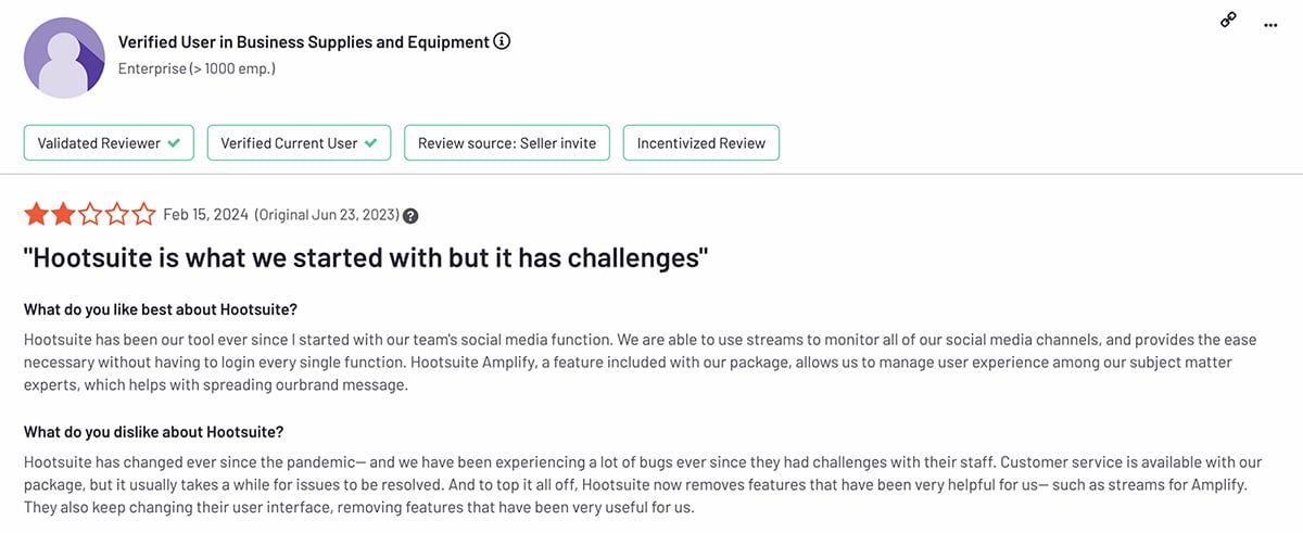 G2 review of Hootsuite's support