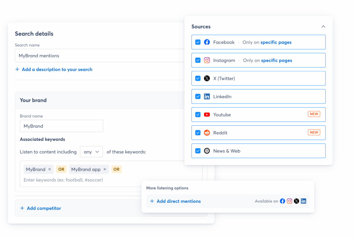 Social listening setup tracking brand mentions across Facebook, Instagram, X, LinkedIn, YouTube, Reddit, news, and the web