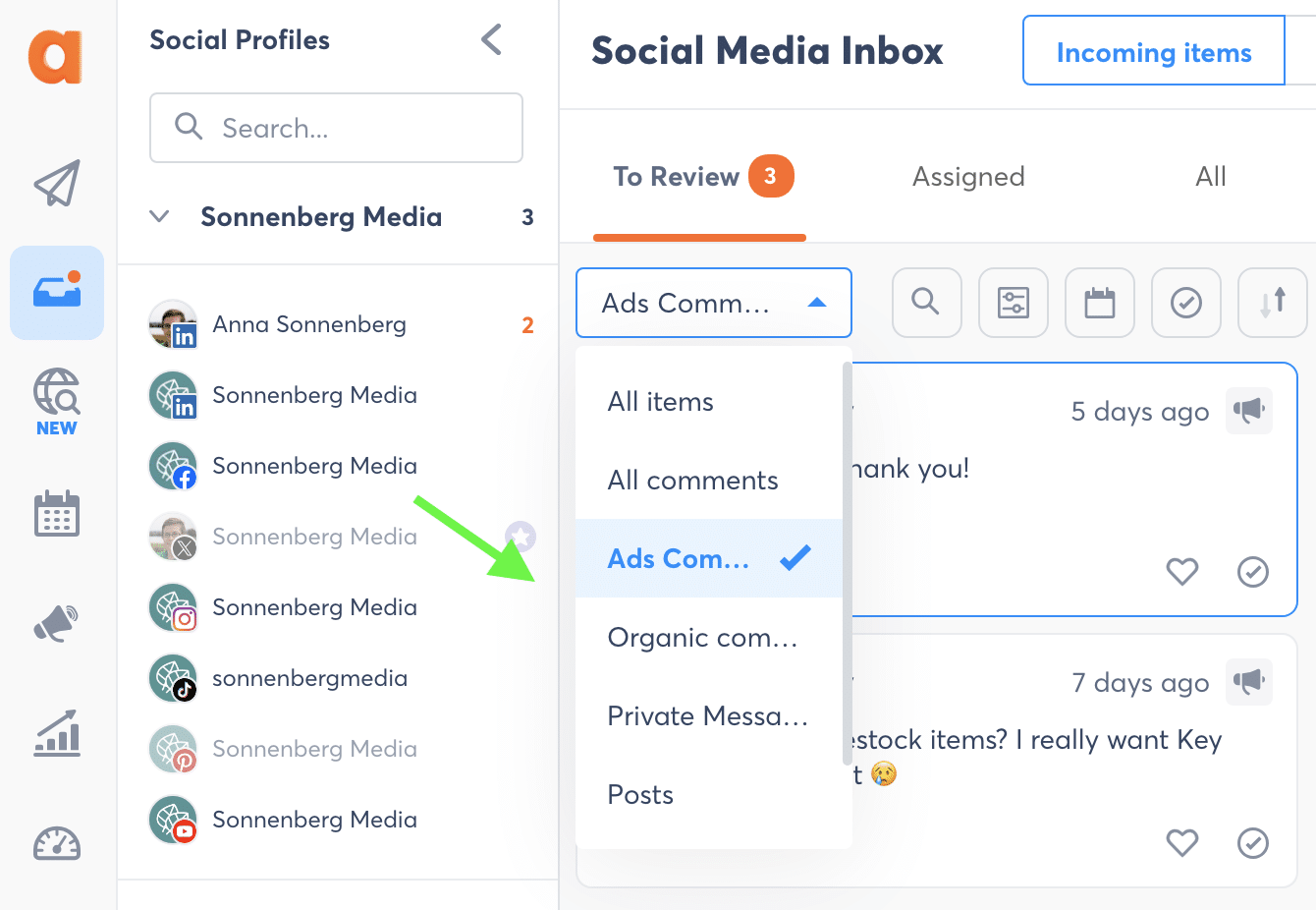Agorapulse social inbox with ad comments