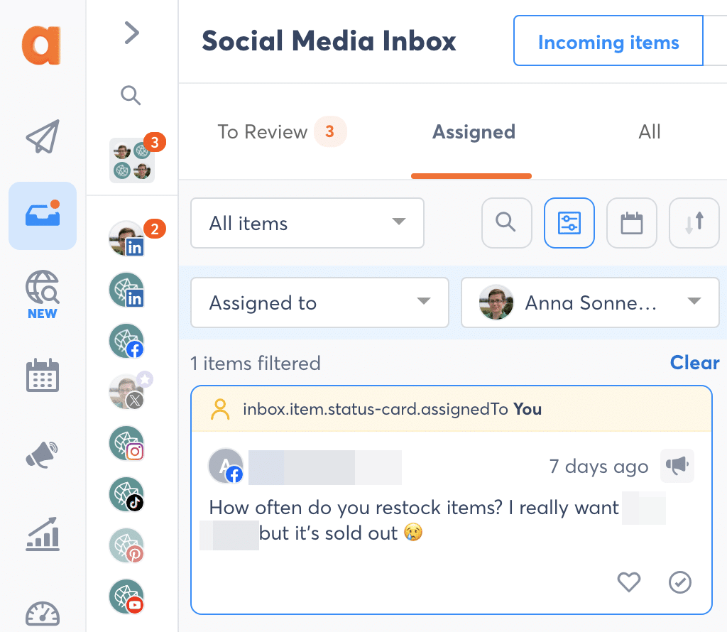 Agorapulse social inbox showing assigned items