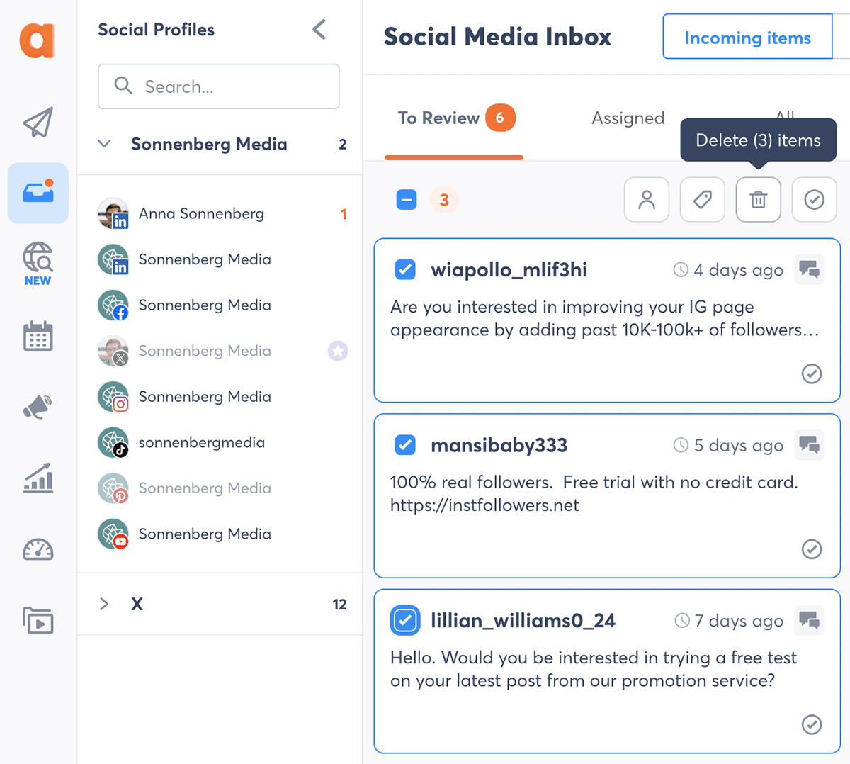 Agorapulse social inbox bulk actions