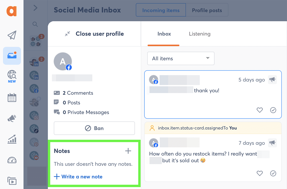 notes in Agorapulse's social inbox