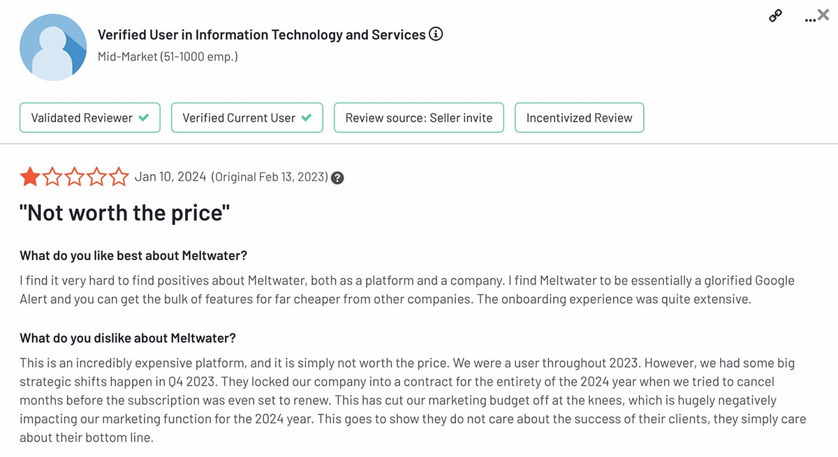 G2 Meltwater user review about pricing