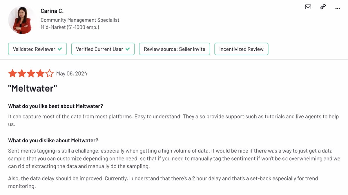 G2 Meltwater user review about sentiment monitoring