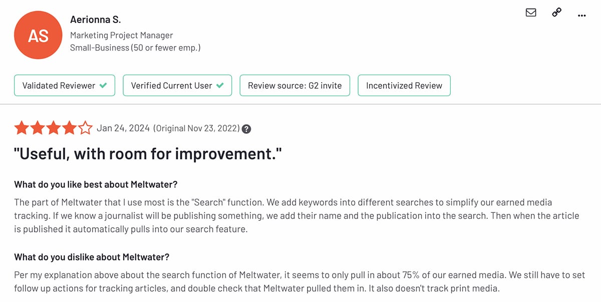G2 Meltwater user review about social monitoring