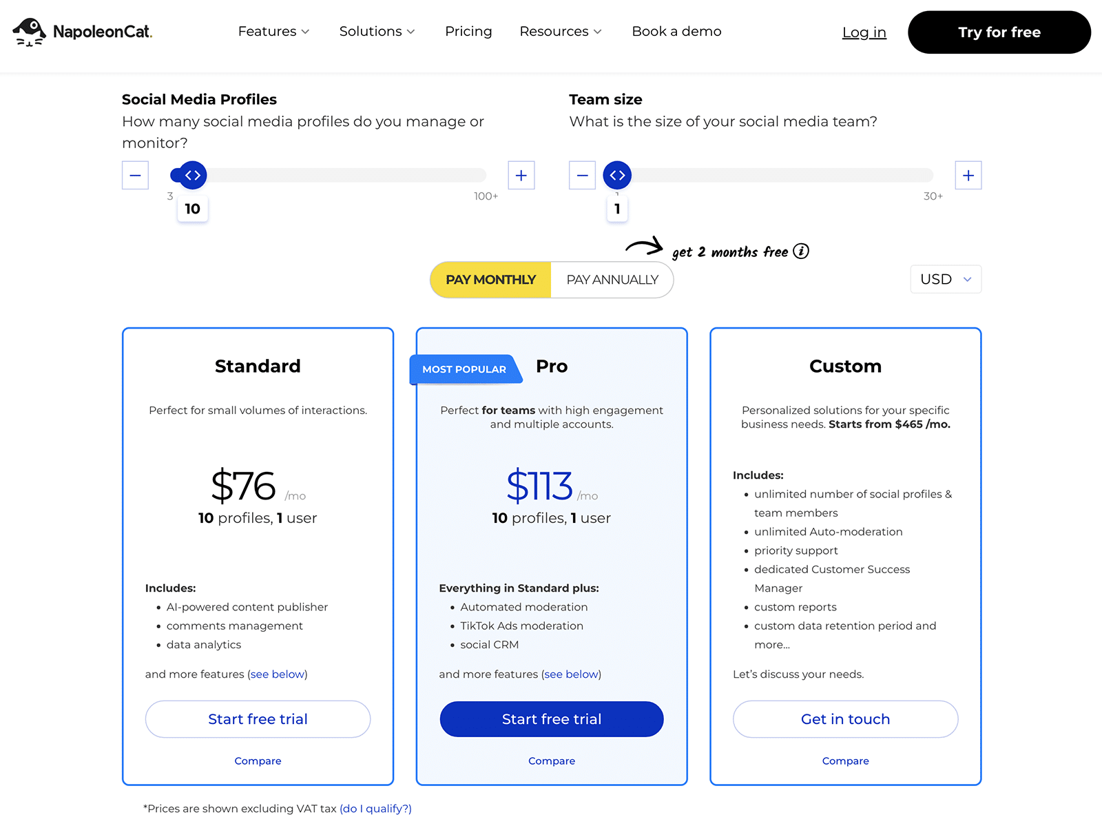 NapoleonCat pricing for 10 profiles