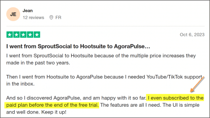 A user who moved from the Agorapulse free trial to a paid plan