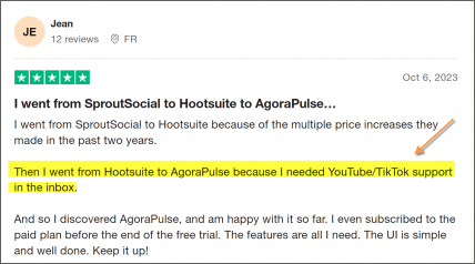 trustpilot review of agorapulse's tiktok inbox