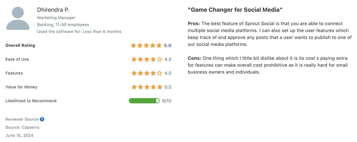 Capterra review of Sprout Social's social profile management