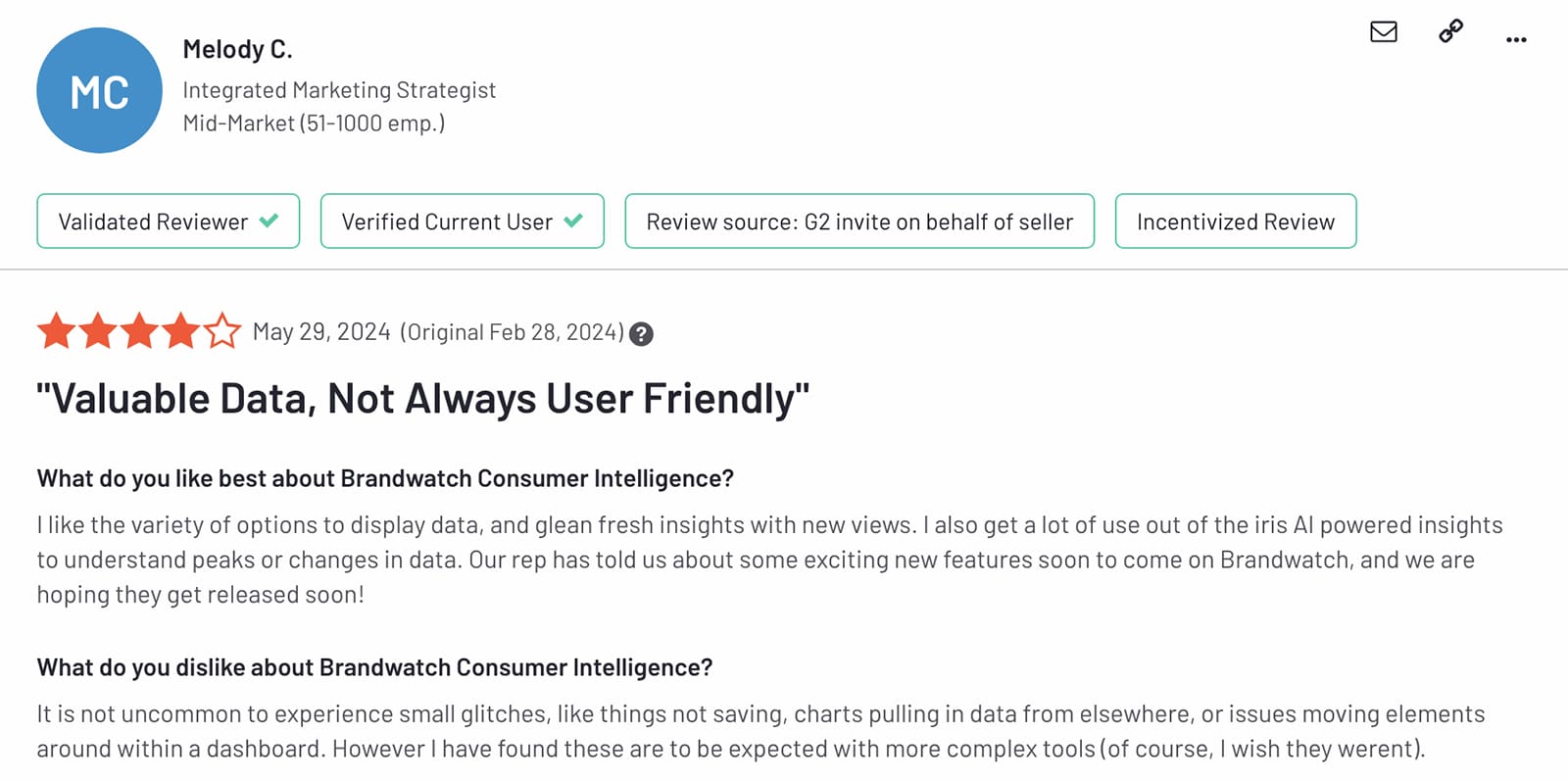 G2 review of Brandwatch's consumer intelligence tools