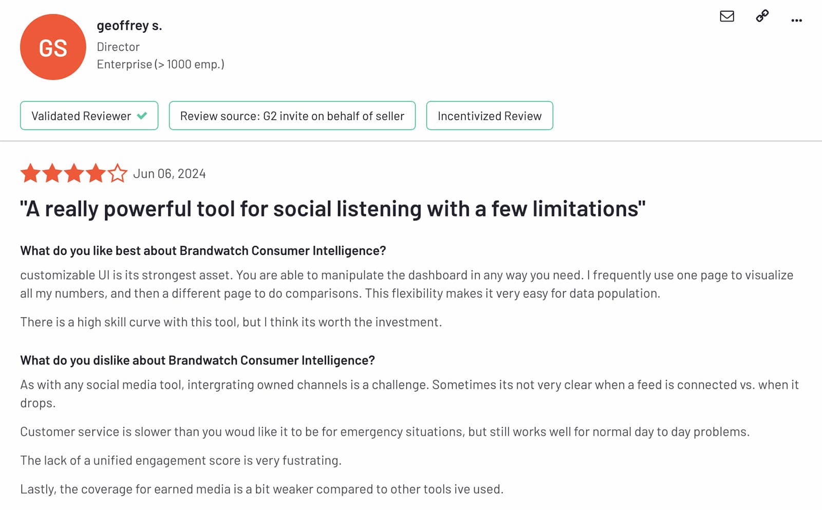 G2 review of Brandwatch's customer support