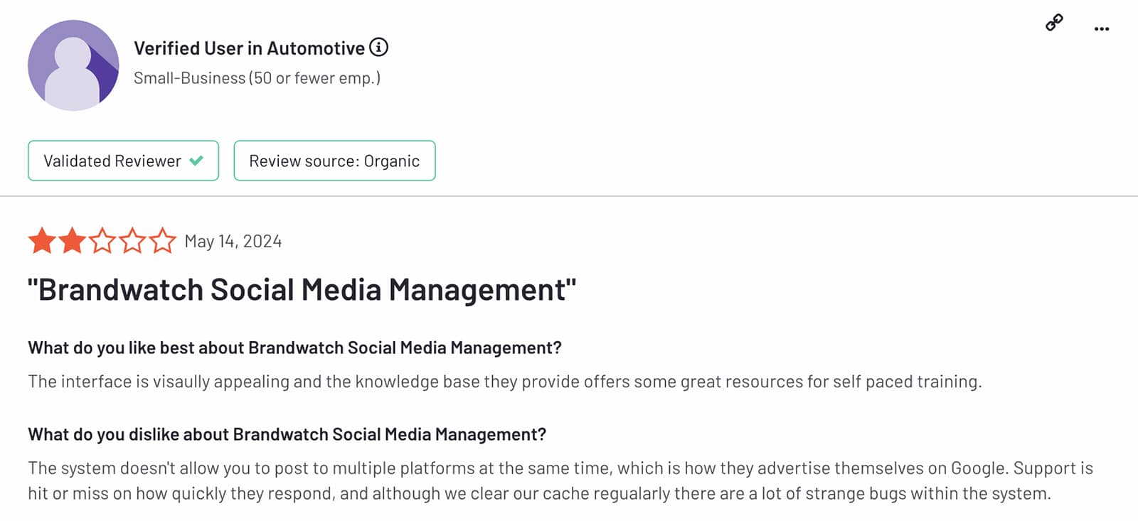 G2 review of Brandwatch's social media management tools