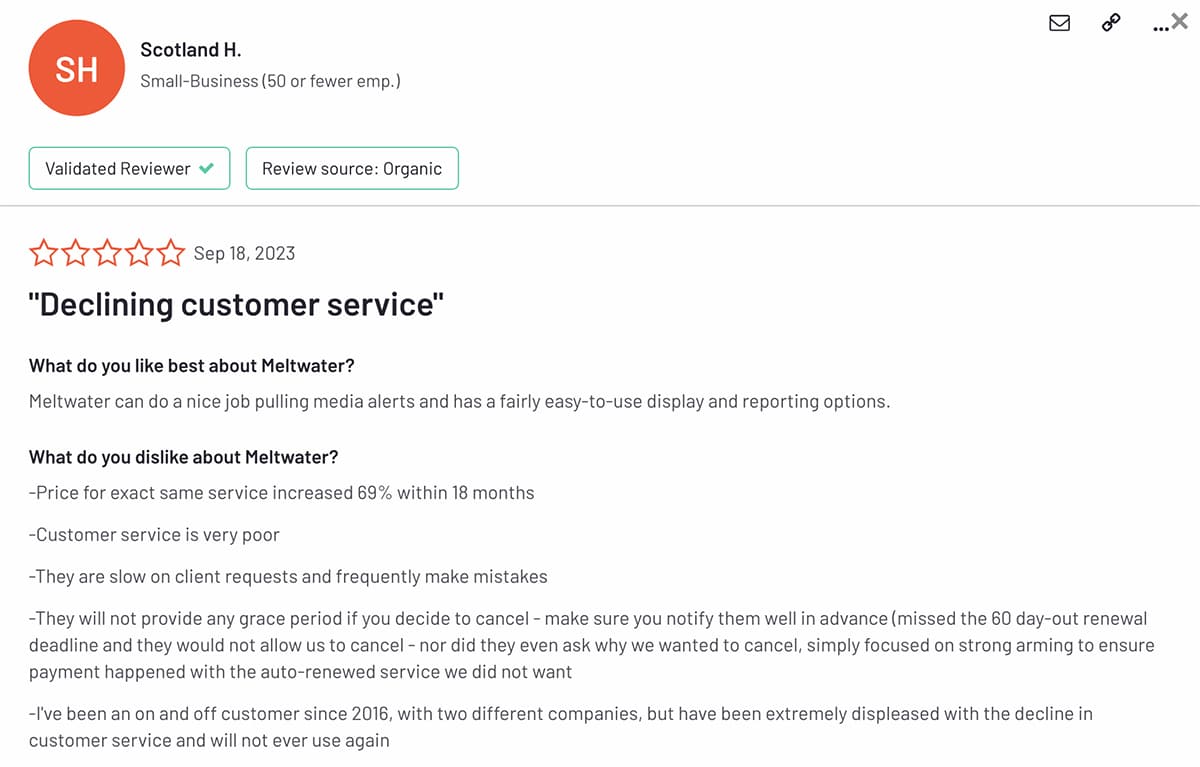 G2 review of Meltwater's customer support