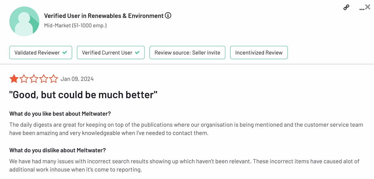 G2 review of Meltwater's social listening features