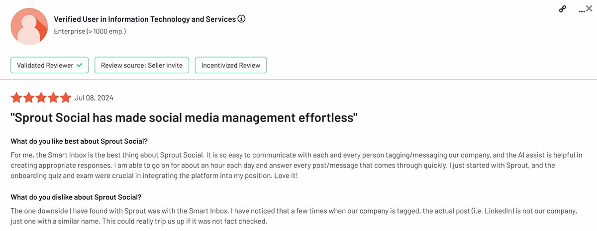 G2 review of Sprout Social's AI tools