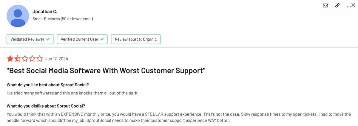 G2 review of Sprout Social's customer support