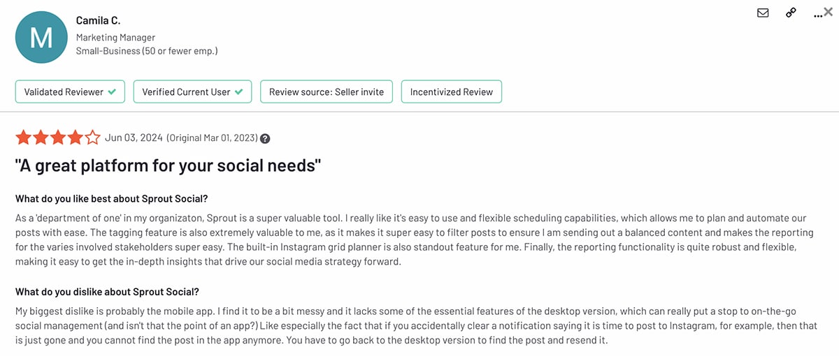 G2 review of Sprout Social's mobile app