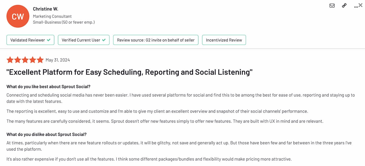 G2 review of Sprout Social's reporting features