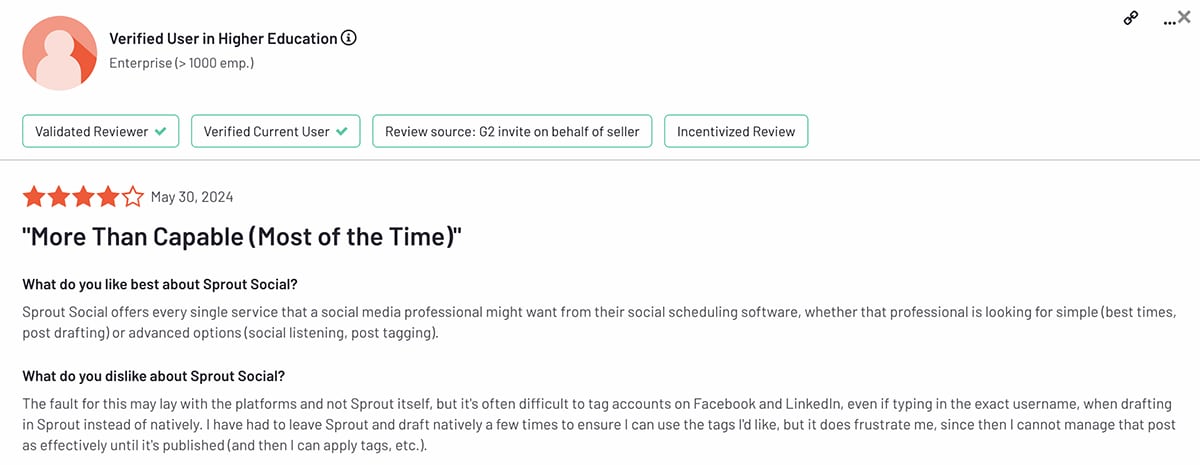 G2 review of Sprout Social's tagging features