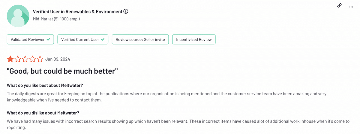 G2 review of Meltwater social listening data