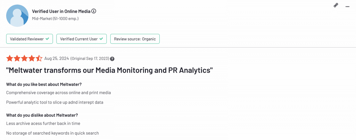 G2 review of Meltwater media monitoring