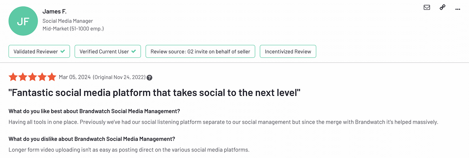 G2 review of Brandwatch mentioning social listening capabilities