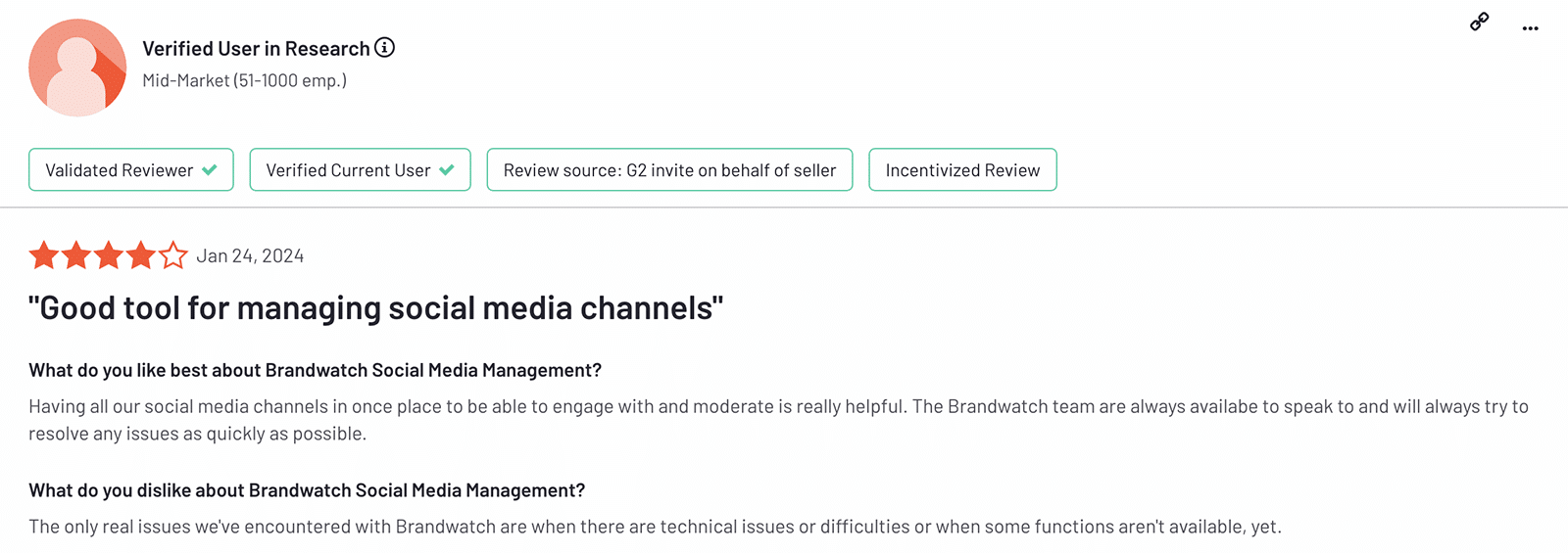 G2 review of Brandwatch mentioning social media management capabilities