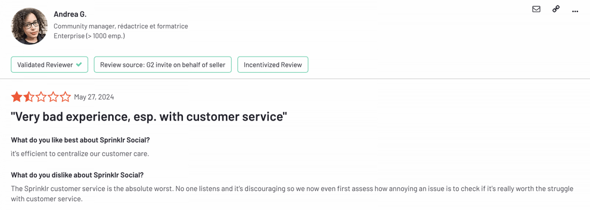 G2 review of Sprinklr mentioning customer support