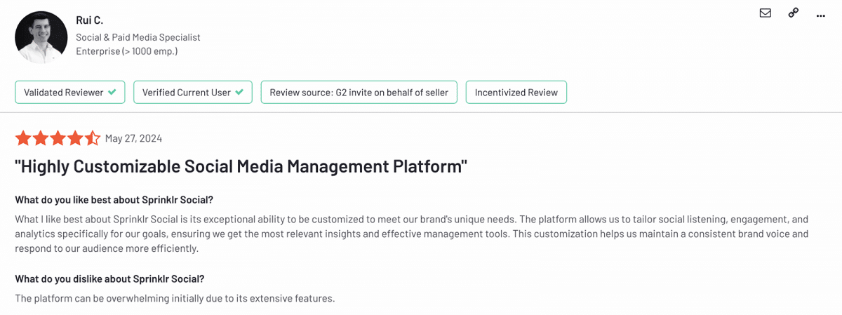 G2 review of Sprinklr mentioning customization