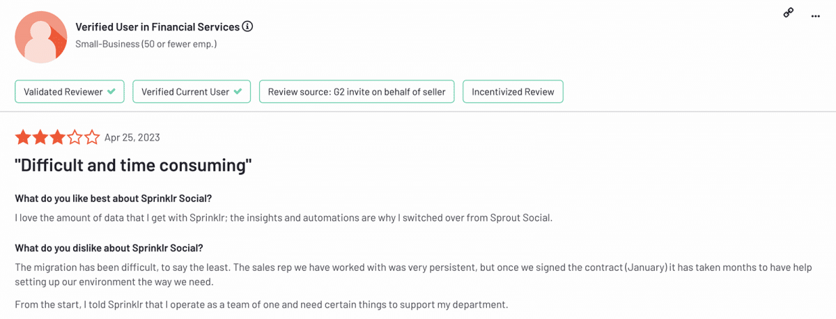 G2 review of Sprinklr mentioning implementation