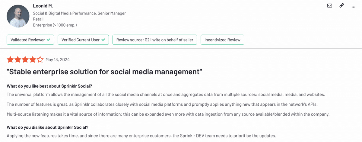 G2 review of Sprinklr mentioning social listening