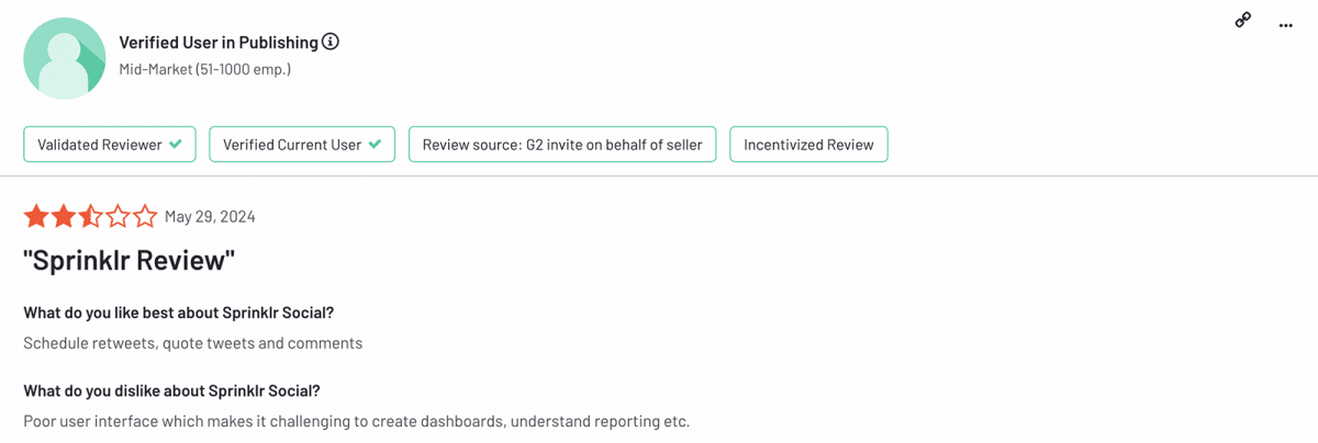 G2 review of Sprinklr mentioning user interface